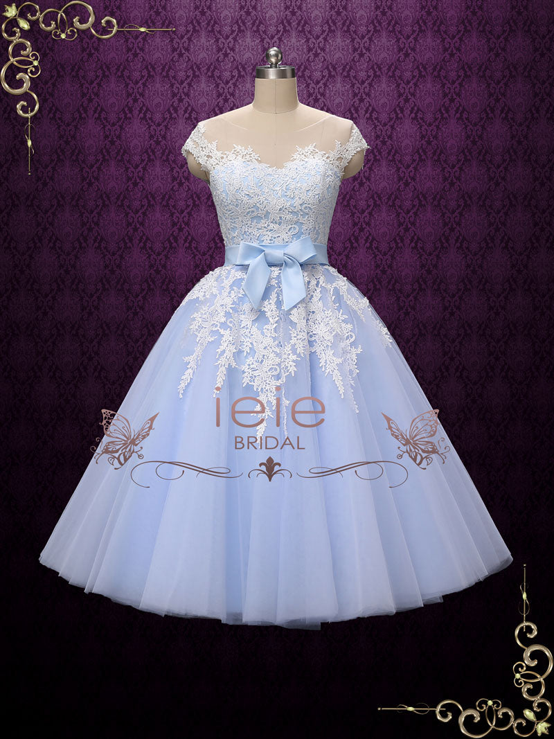 Blue Retro Tea Length Wedding Dress with Illusion Neckline ROSALIE ...