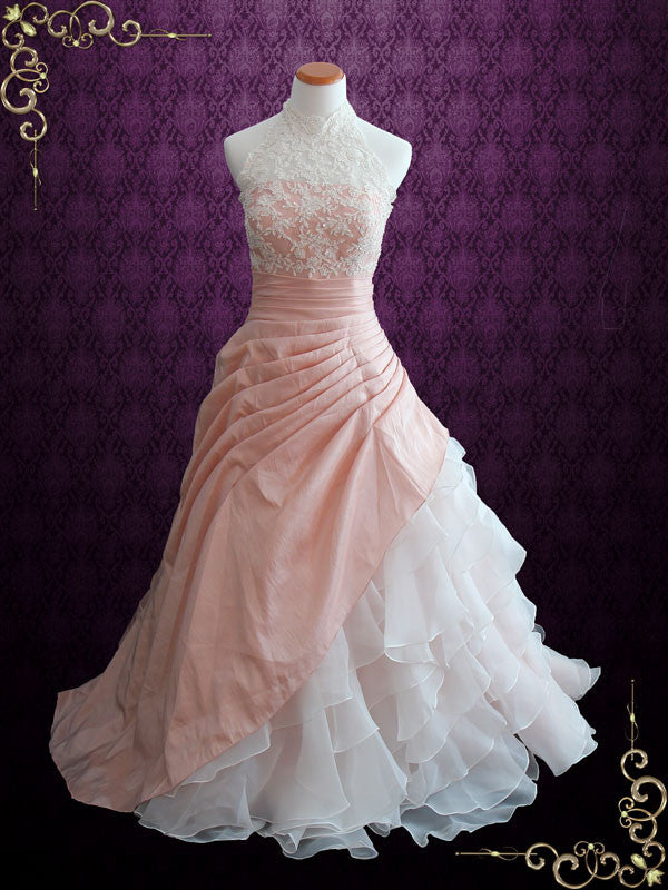 Halter Blush Pink Ball Gown Wedding Dress With Organza Ruffles Alina 5613