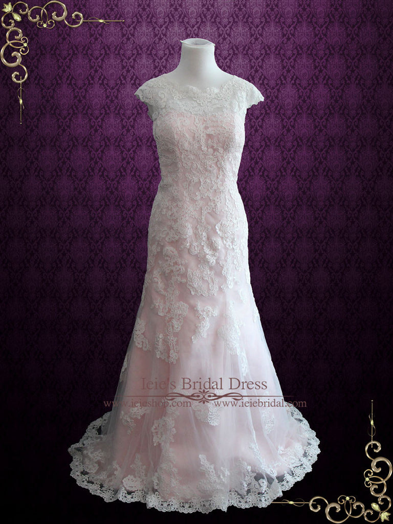 Modest Vintage Lace Pink Wedding Dress with Cap Sleeves | July