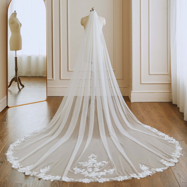 ieie Bridal Cathedral Length Wedding Veil with Lace Around Train VG3039