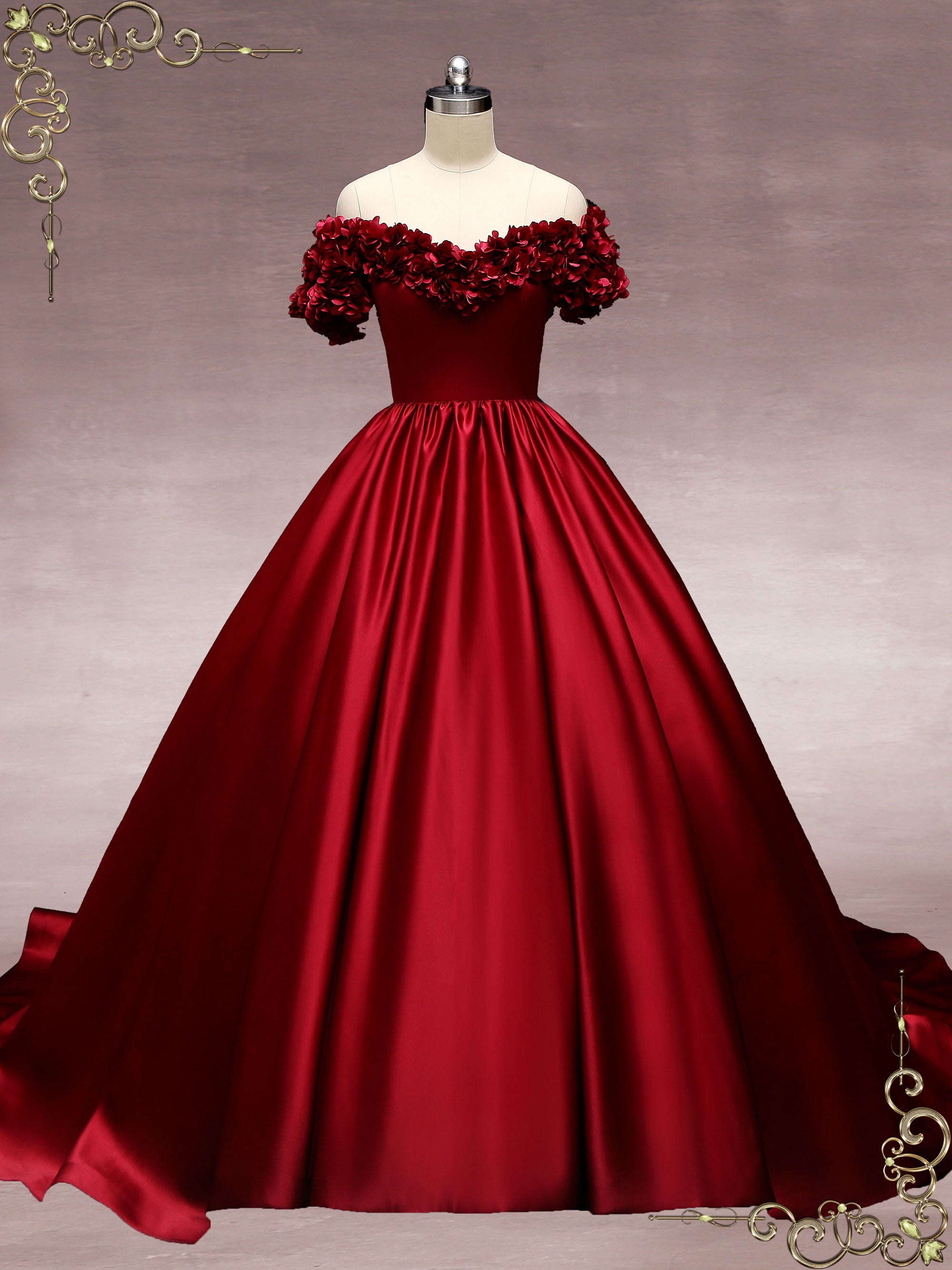 Dark Red Off The Shoulder Ball Gown Wedding Dress With Roses Murina Ieie Bridal 6668