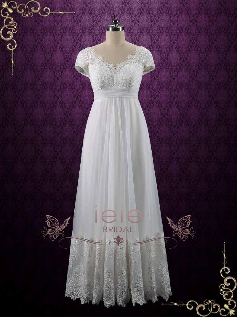 Vintage Queen Anne Empire Waist French Lace Tulle Wedding Dress | ieie