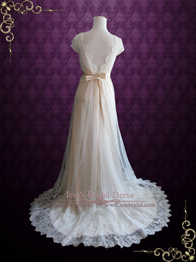 Ivory Lace Sleeved Layered Ball Gown Wedding Dress Promfy