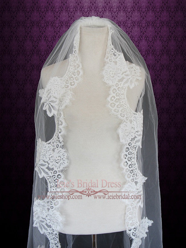 Waltz Length French Alencon Lace Wedding Veil Ieie Bridal