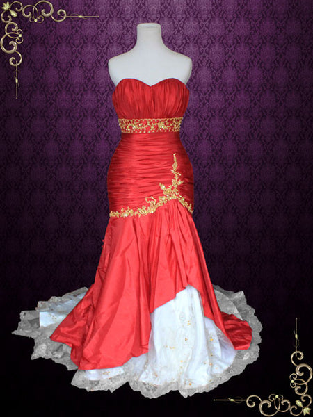 Strapless Red and Gold Mermaid Wedding Dress