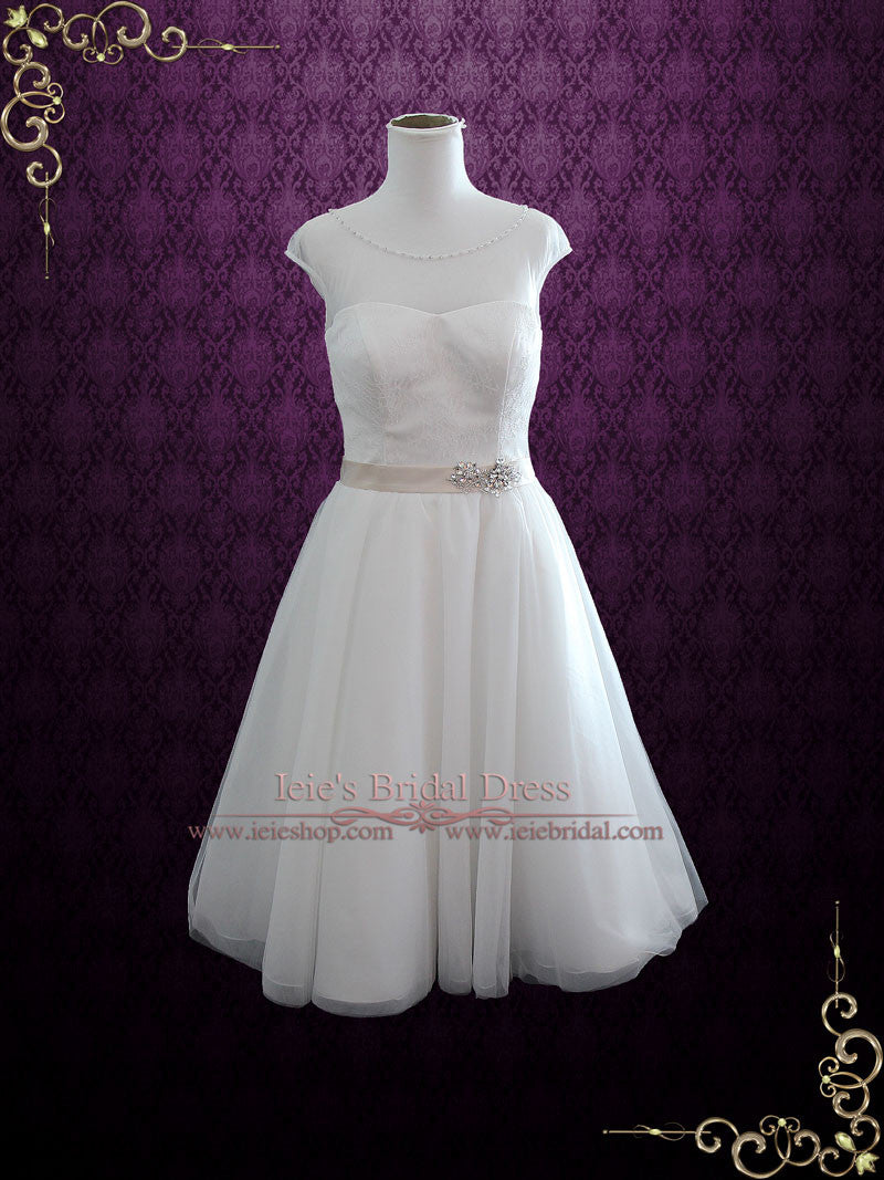Vintage Inspired Tea Length Illusion Neck Tull Wedding Dress – ieie Bridal