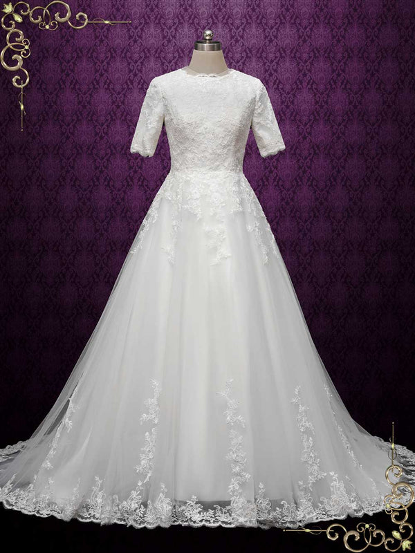 Modest Ivory Lace Satin High-neck Vintage Wedding Gown - Lunss