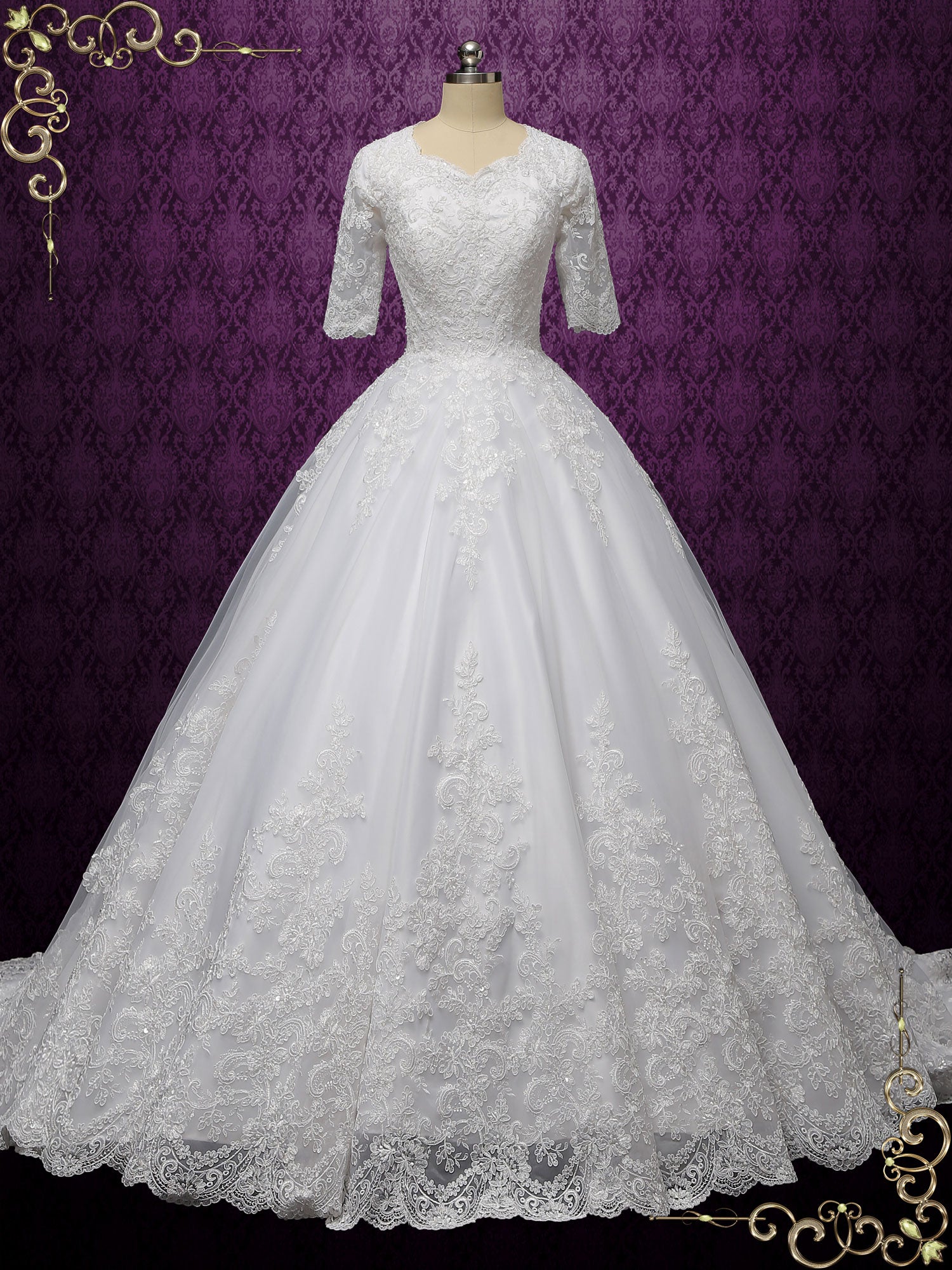 Modest Lace Ball Gown Wedding Dress With Sleeves Chester Ieie Bridal 3370