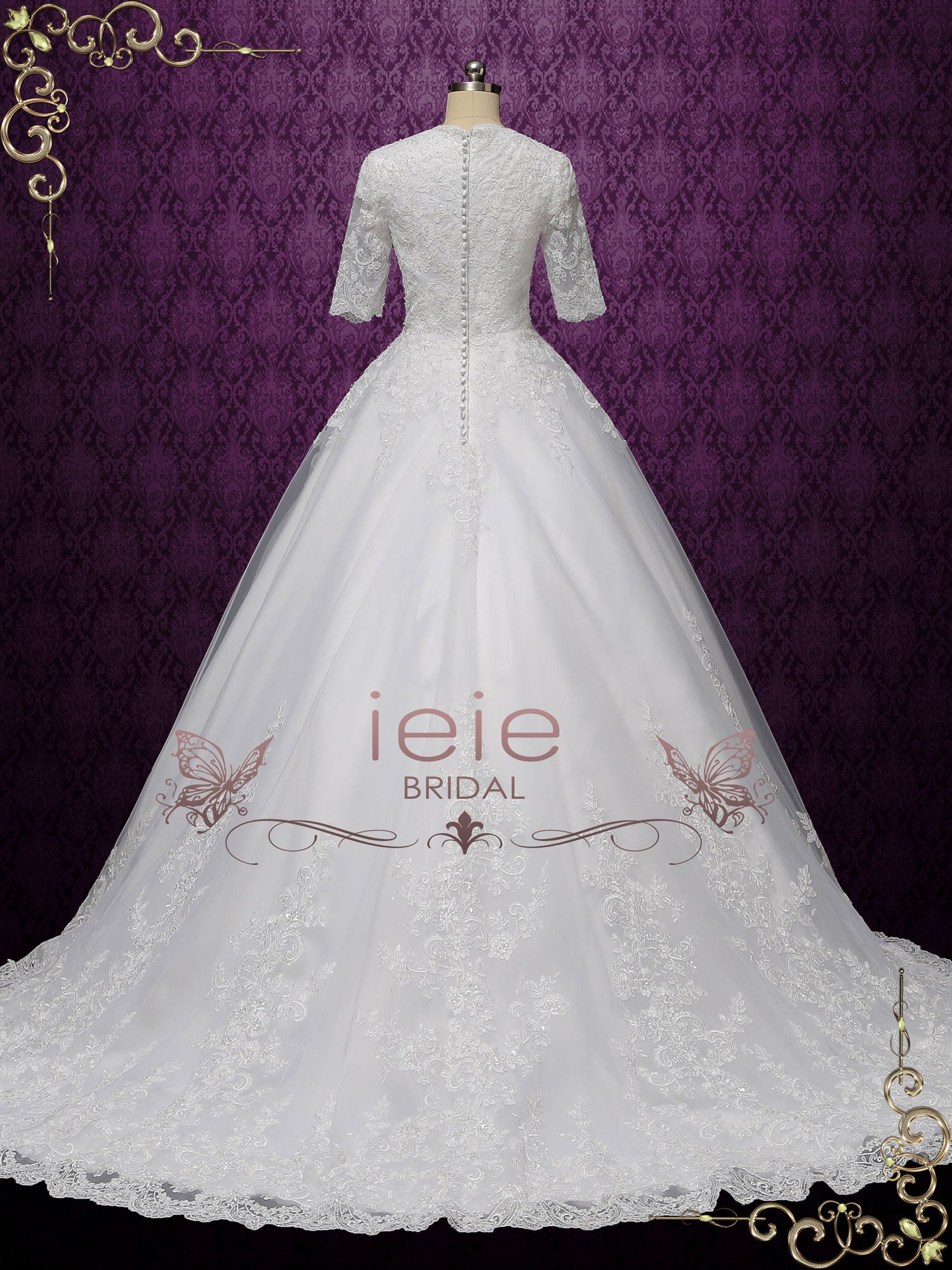 Modest Lace Ball Gown Wedding Dress With Sleeves Chester Ieie Bridal 0139