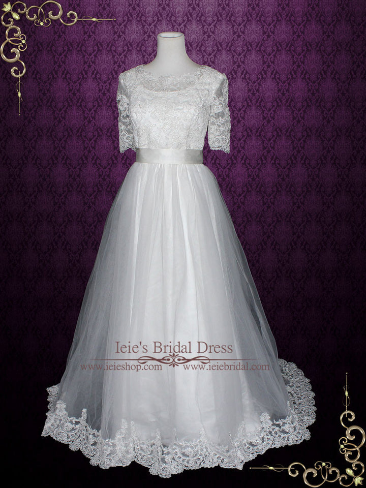 Vintage Style Modest Princess Lace Tulle Wedding Dress with Sleeves ...