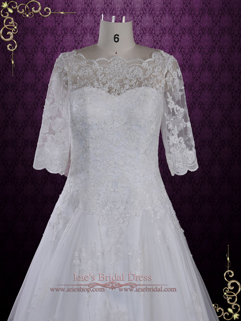 Modest Lace Wedding Dress With Half Sleeves And Illusion Neckline An 9000
