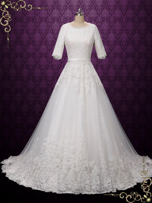 White Floral Lace Queen Anne Long Sleeve Wedding Dress – Modsele