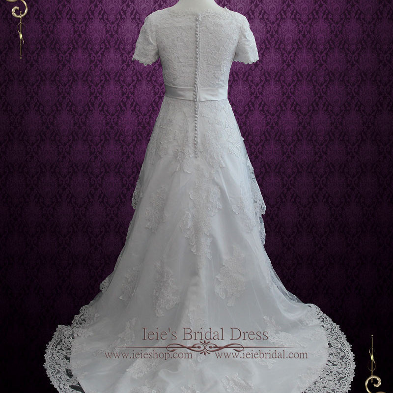 Modest Lace Wedding Dress with Short Sleeves | Harper – ieie