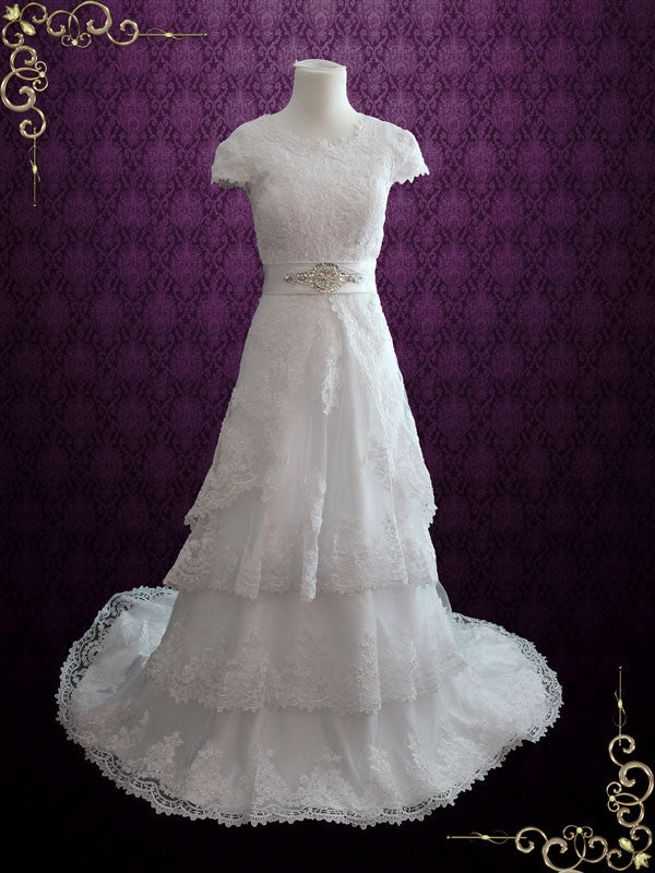 Vintage Style Modest Lace Wedding Dress With Short Sleeves Elina Ieie Bridal 1247