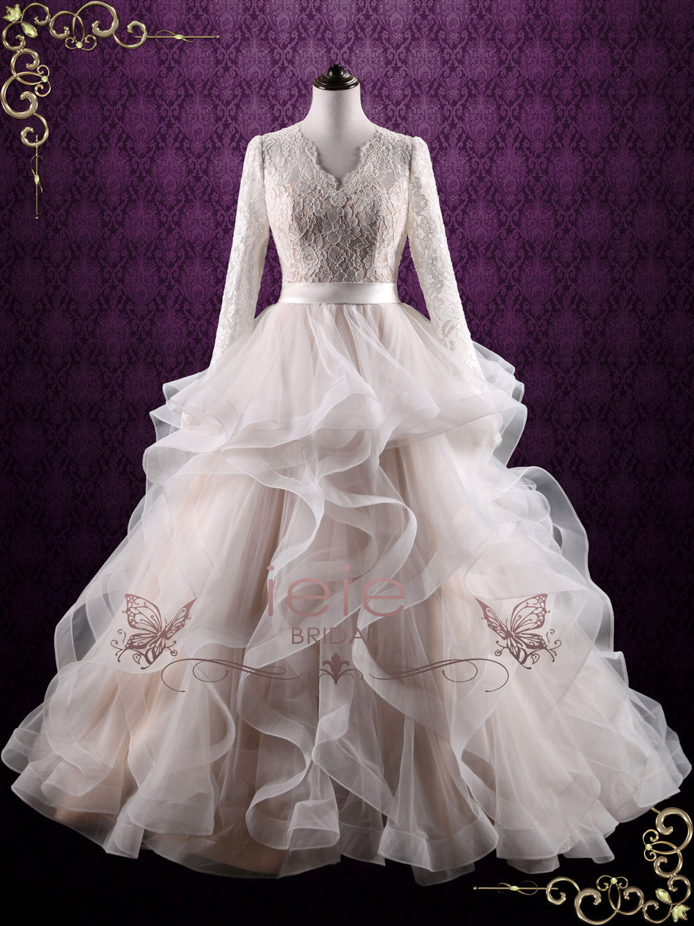 Modest Long Sleeves Wedding Dress With Ruffle Ball Gown Skirt