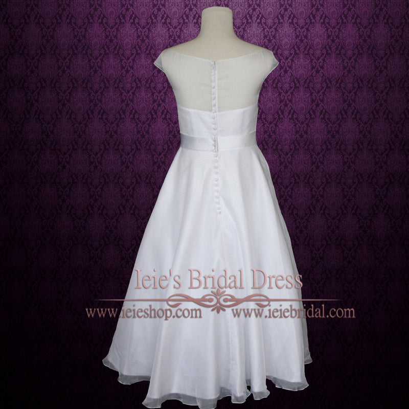 Simple Yet Elegant Modest Retro 50s Tea Length White Wedding Dress wit ...