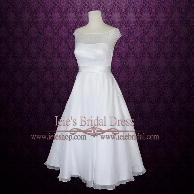 Simple Yet Elegant Modest Retro 50s Tea Length White Wedding Dress wit ...