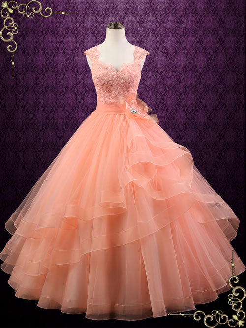 peach color gown with sleeves