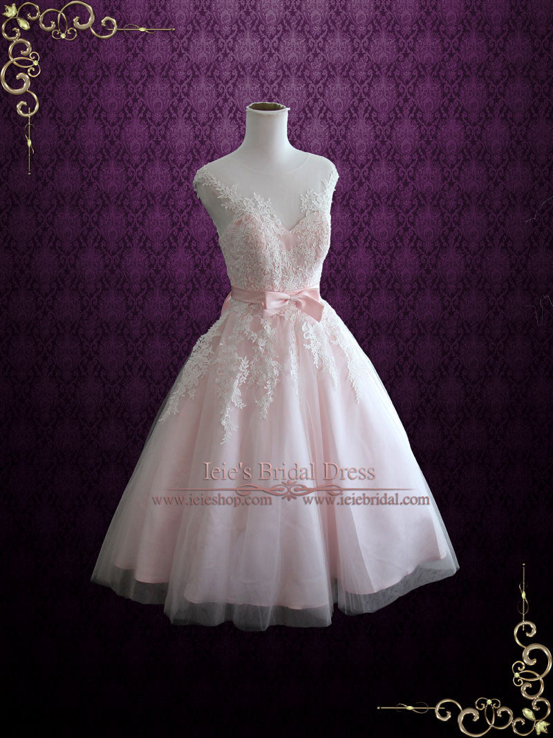 Ivory Retro Tea Length Wedding Dress with Illusion Neckline ROSALIE ...