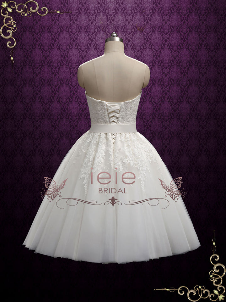 Retro Strapless Tea Length Wedding Dress with Lace | Flora – ieie Bridal