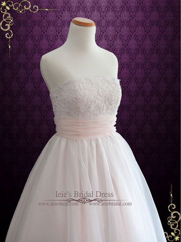 Retro 50s Blush Pink Strapless Tea Length Lace Wedding Dress | Susanah ...