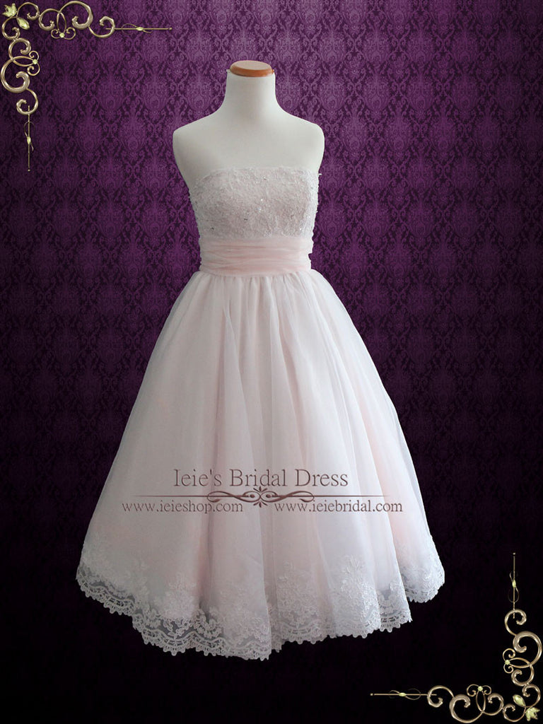 Retro 50s Blush Pink Strapless Tea Length Lace Wedding Dress | Susanah ...