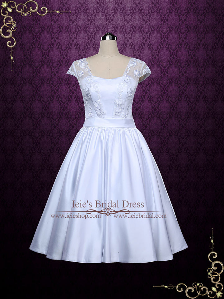 Retro Tea Length Wedding Dress with Lace Cap Sleeves | ABBIE – ieie Bridal
