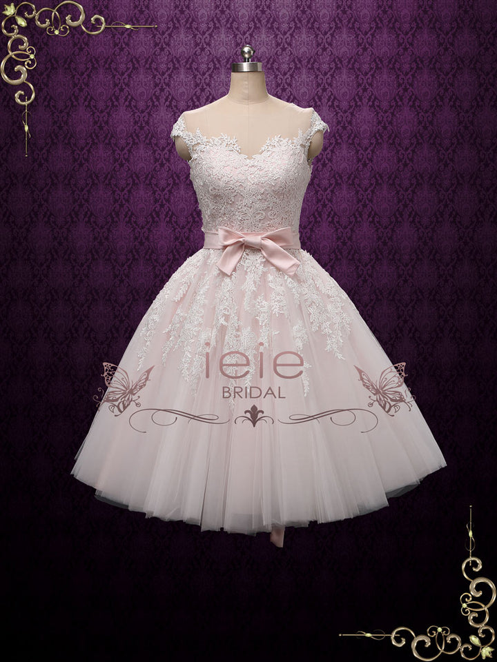 Petal Pink Retro Tea Length Wedding Dress ROSALIE – ieie Bridal