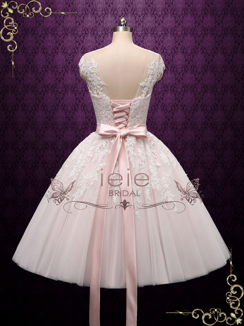 Petal Pink Retro Tea Length Wedding Dress with Illusion Neckline | Ros ...