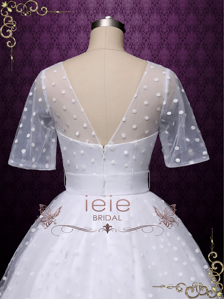 white polka dot wedding dress