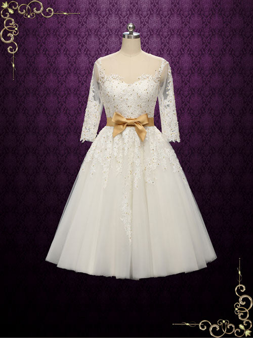 wedding dress with gold accents