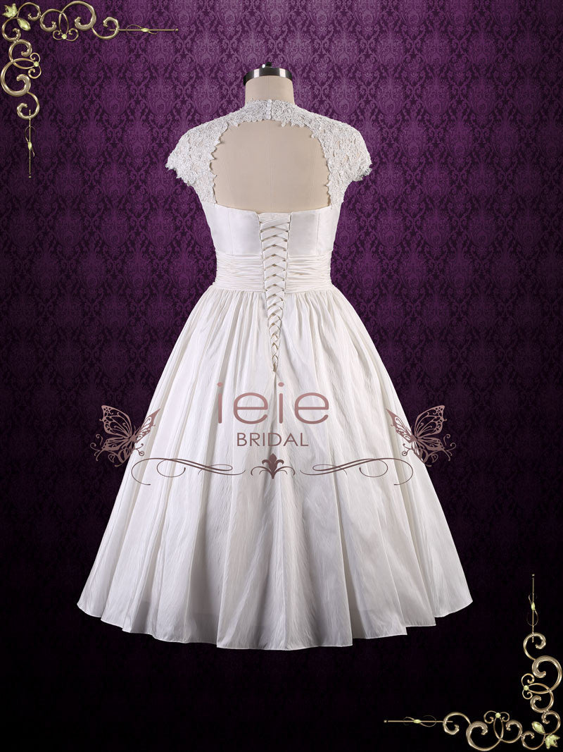 Retro Tea Length Wedding Dress with Lace Cap Sleeves and Keyhole Back ...