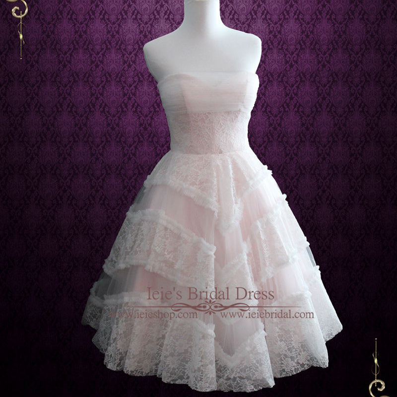 Blush Pink Retro Style Tea Length Strapless Formal Dress | Fable – ieie