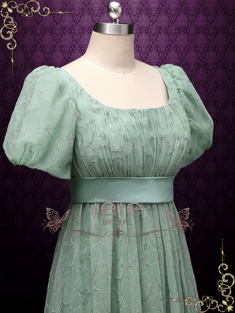 Green Regency Style Empire Dress with Floral Lace | Joanne