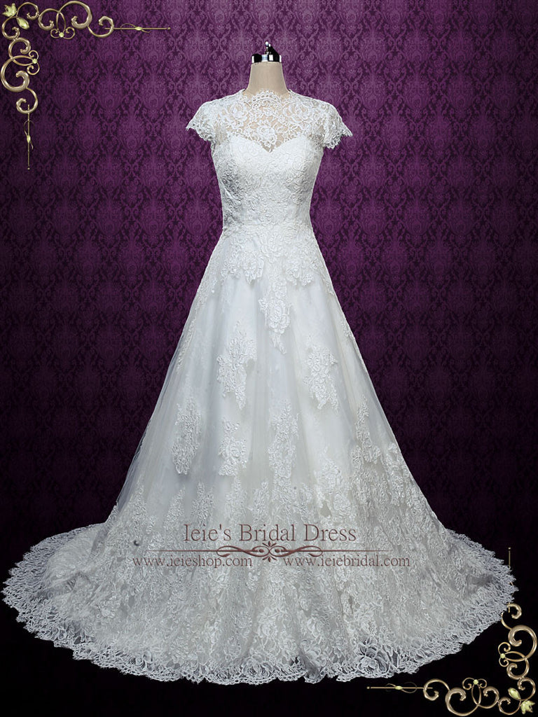 Elegant Short Sleeves Lace A-line Wedding Dress with Modest Neckline E