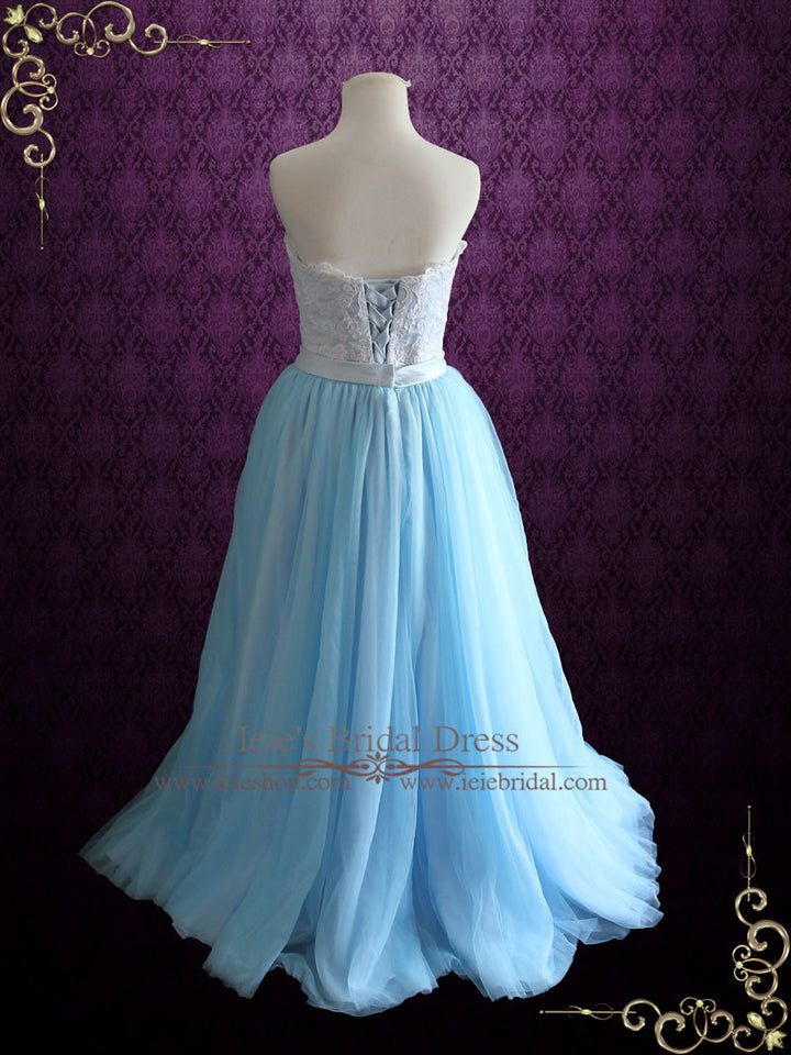 Strapless Blue Lace Formal Evening Dress | Raya – ieie Bridal