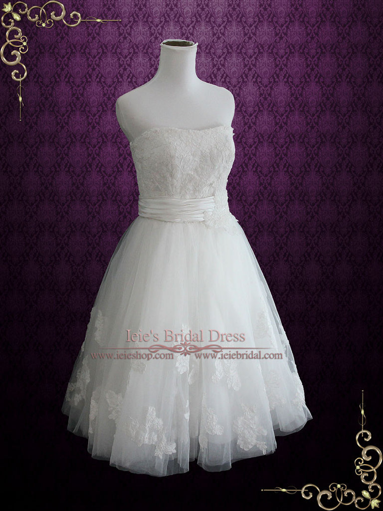 Strapless Short Knee Length Lace Wedding Dress | Claire – ieie Bridal