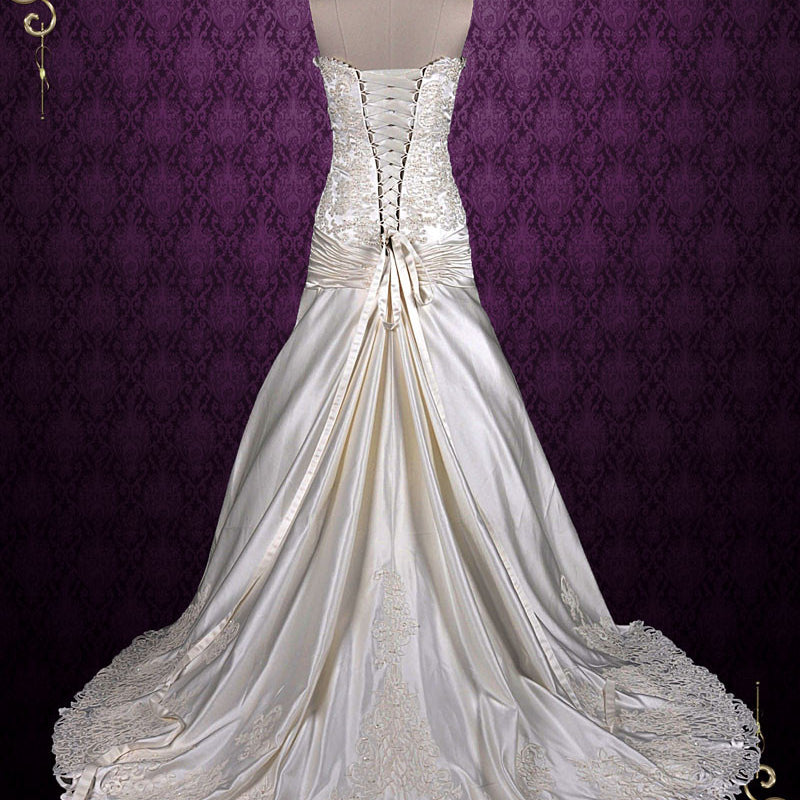 Strapless Satin Lace Wedding Dress With Dropped Waist Ieie 