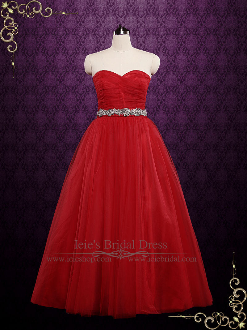 strapless red ball gown