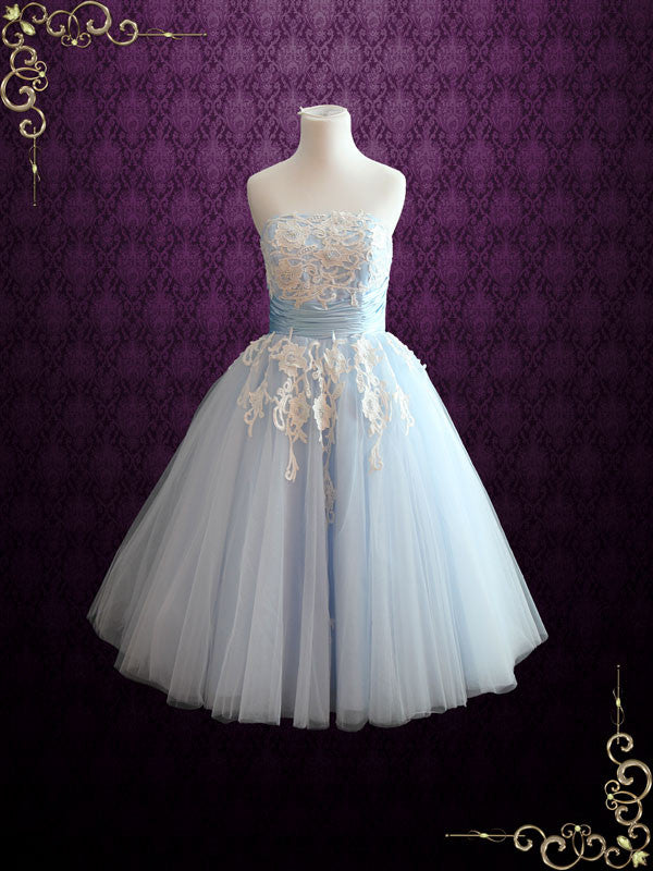 Sky Blue Inner Ivory Lace Overlay Short Bridal Dress
