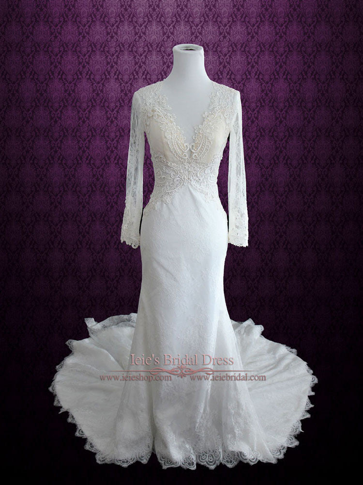 plunging neckline lace wedding dress