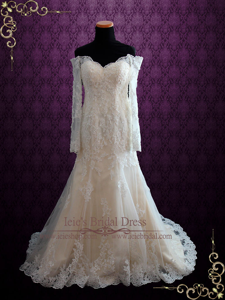 champagne wedding dress with ivory lace overlay