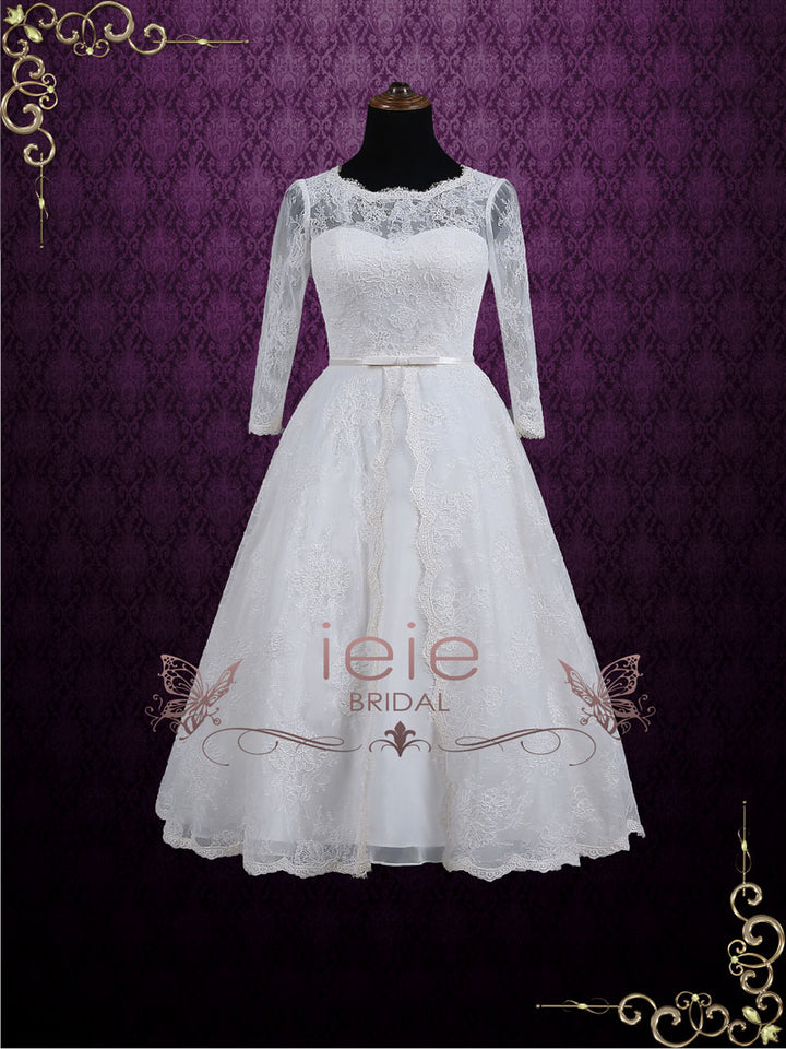 Vintage Inspired Tea Length Lace Wedding Dress with Sleeves MAYA – ieie ...