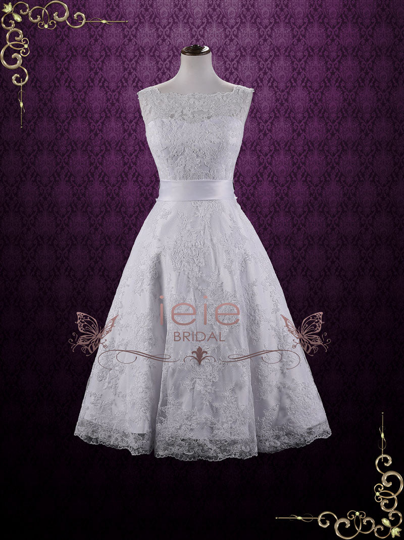 Retro Boat Neck Lace Tea Length Wedding Dress ELAINE – ieie Bridal