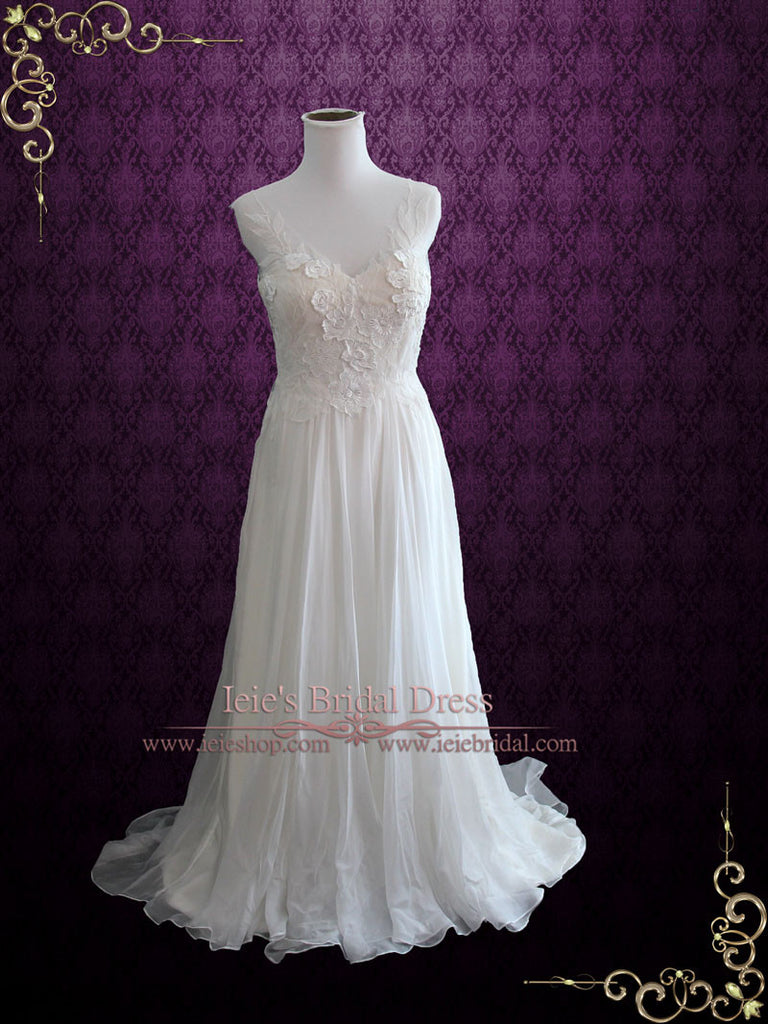 Whimsical Beach Grecian Silk Chiffon Wedding Dress with Floral Lace Ap