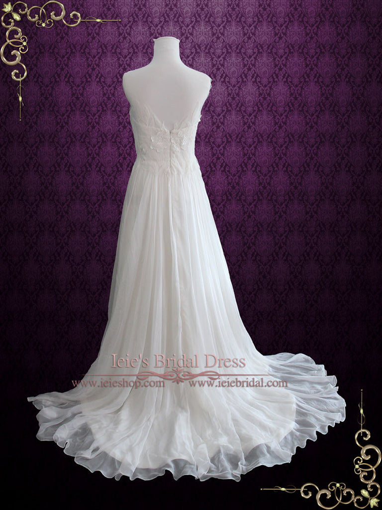 Whimsical Beach Grecian Silk Chiffon Wedding Dress with Floral Lace Ap