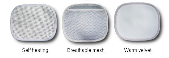 Image of the 3 detachable pads included with LumbarForce. The self heating tourmaline pad, the pocket mesh pad for an ice pack for cold compress treatment, and the comfort velvet pad.