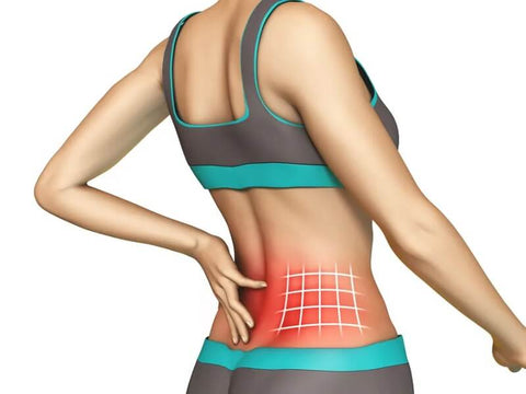 3D graphic of a woman clutching her lower back.