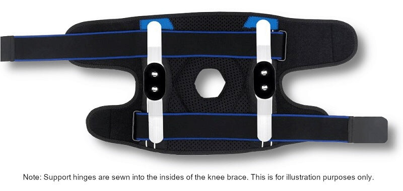 KneeMate includes adjustable metal hinges that are sewn into the sides of the brace.