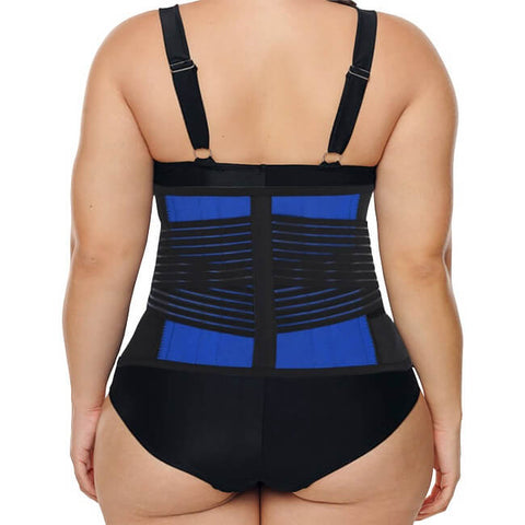 Image of a plus sized woman wearing the LumbarExtreme back brace, meant for plus sizes.